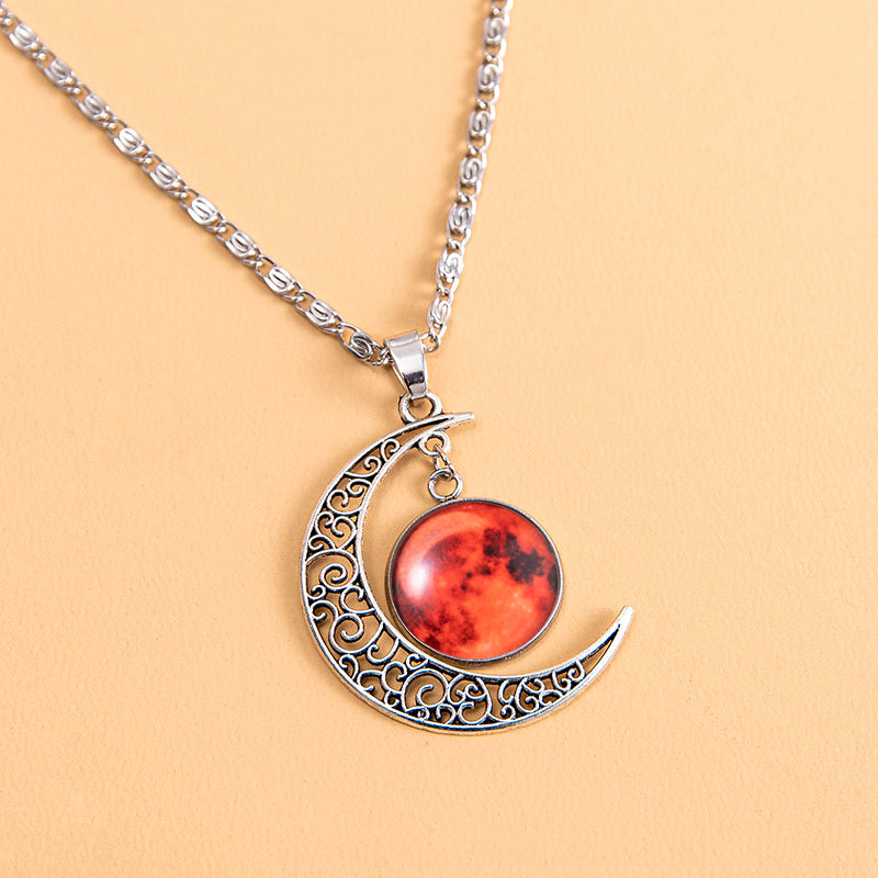 Vintage Galaxy Planet Mars Luminous Necklace Handmade Glowing Red Glass Charm Moon Pendant Necklaces For Women Girls